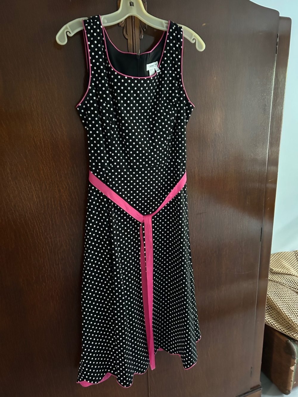 Coldwater Creek Black Polka Dot Midi Dress with Pink Trim